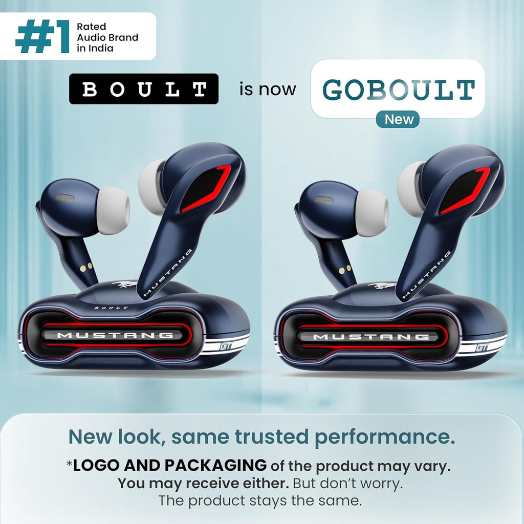 GOBOULT x Mustang Torq Wireless in Ear Earbuds with 60H Playtime, App Support, Quad Mic ENC, 45ms Low Latency, 13mm Driver, Breathing LEDs, Made in India Ear Buds Wireless