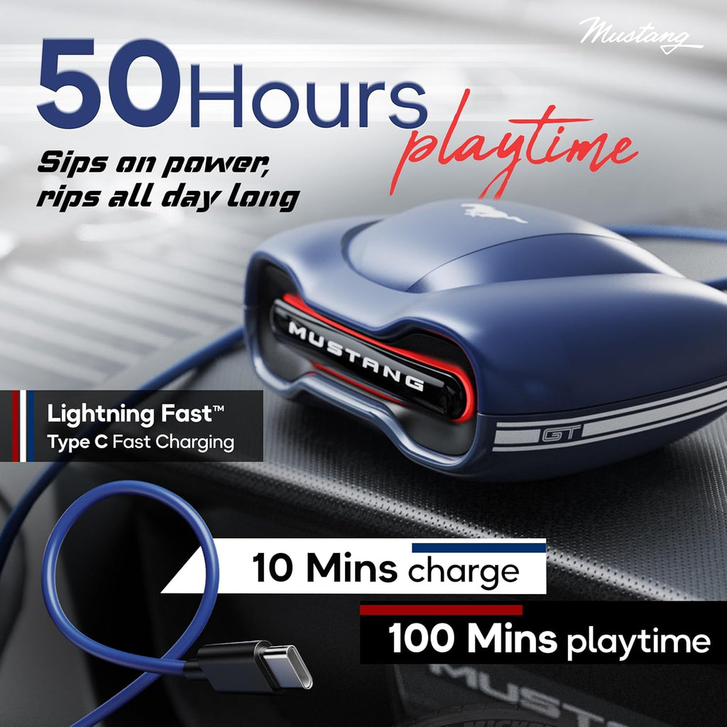 GOBOULT x Mustang Torq Wireless in Ear Earbuds with 60H Playtime, App Support, Quad Mic ENC, 45ms Low Latency, 13mm Driver, Breathing LEDs, Made in India Ear Buds Wireless