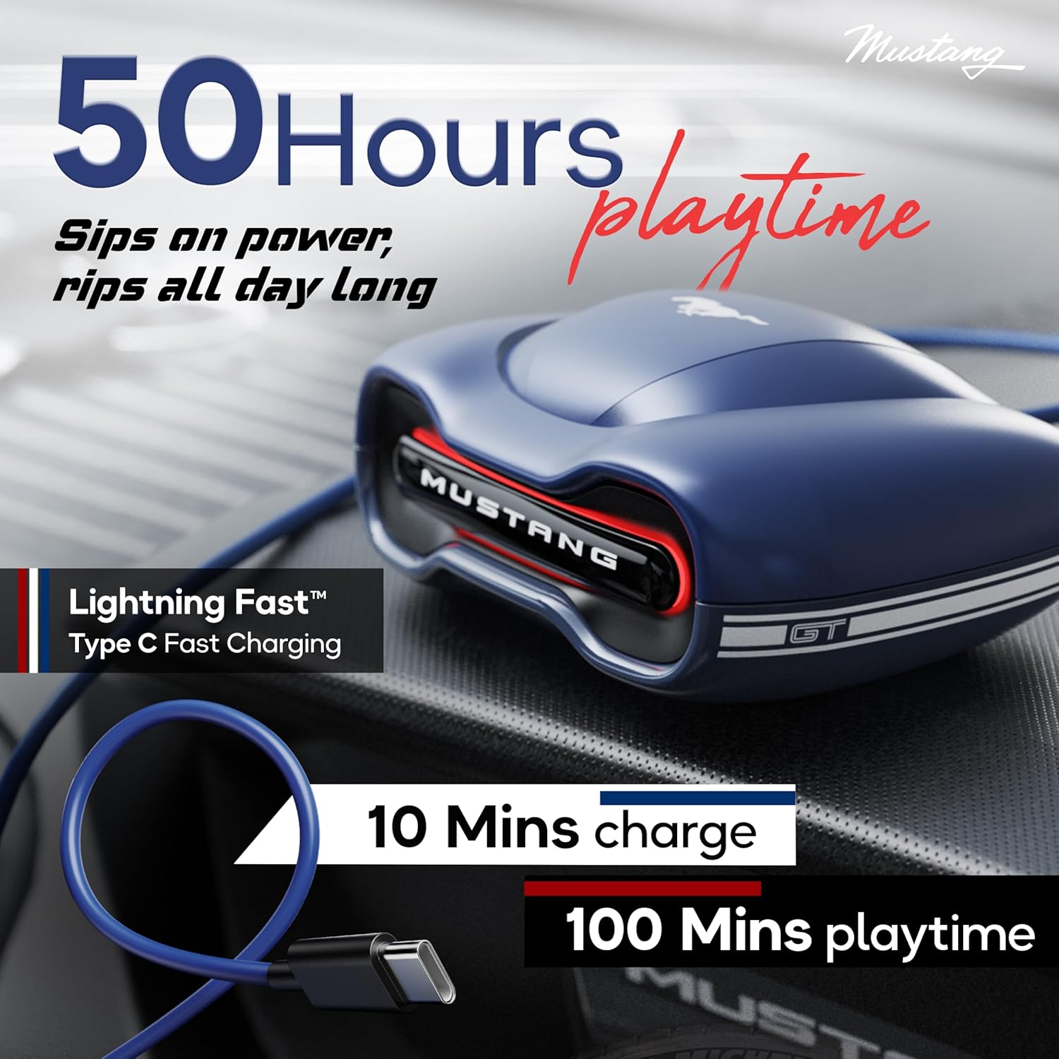 GOBOULT x Mustang Torq Wireless in Ear Earbuds with 60H Playtime, App Support, Quad Mic ENC, 45ms Low Latency, 13mm Driver, Breathing LEDs, Made in India Ear Buds Wireless